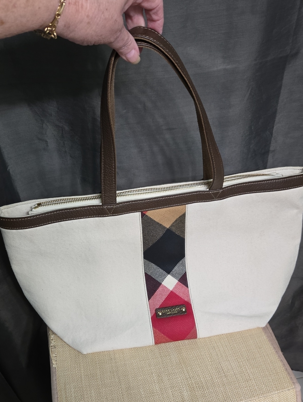 BURBERRY Blue Label Cream Canvas Tote with Brown Leather Trim and Plaid Stripe - Picture 14 of 17